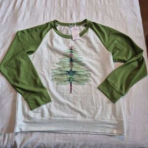 Dragonfly women's size XXL long sleeve shirt, NWT green & mottled white